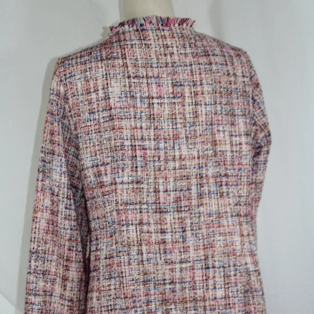 Laundry By Shelli Segal Fringe Pink Tweed Walker Coat Outerwear L Open Blazer - Picture 7 of 9